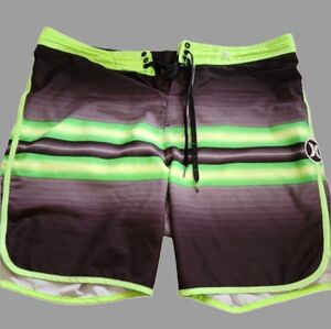 Hurley‎ 36 Green and Black Board Shorts  Sporty Stripes Water Swimwear